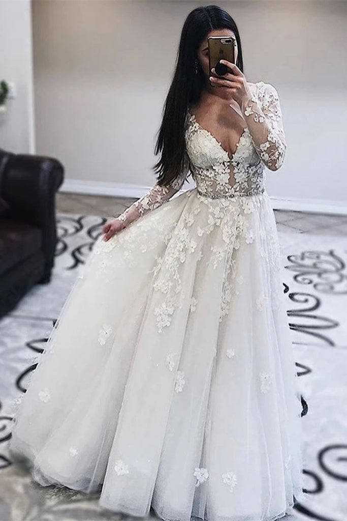 V Neck White Lace Prom Wedding Dress ...